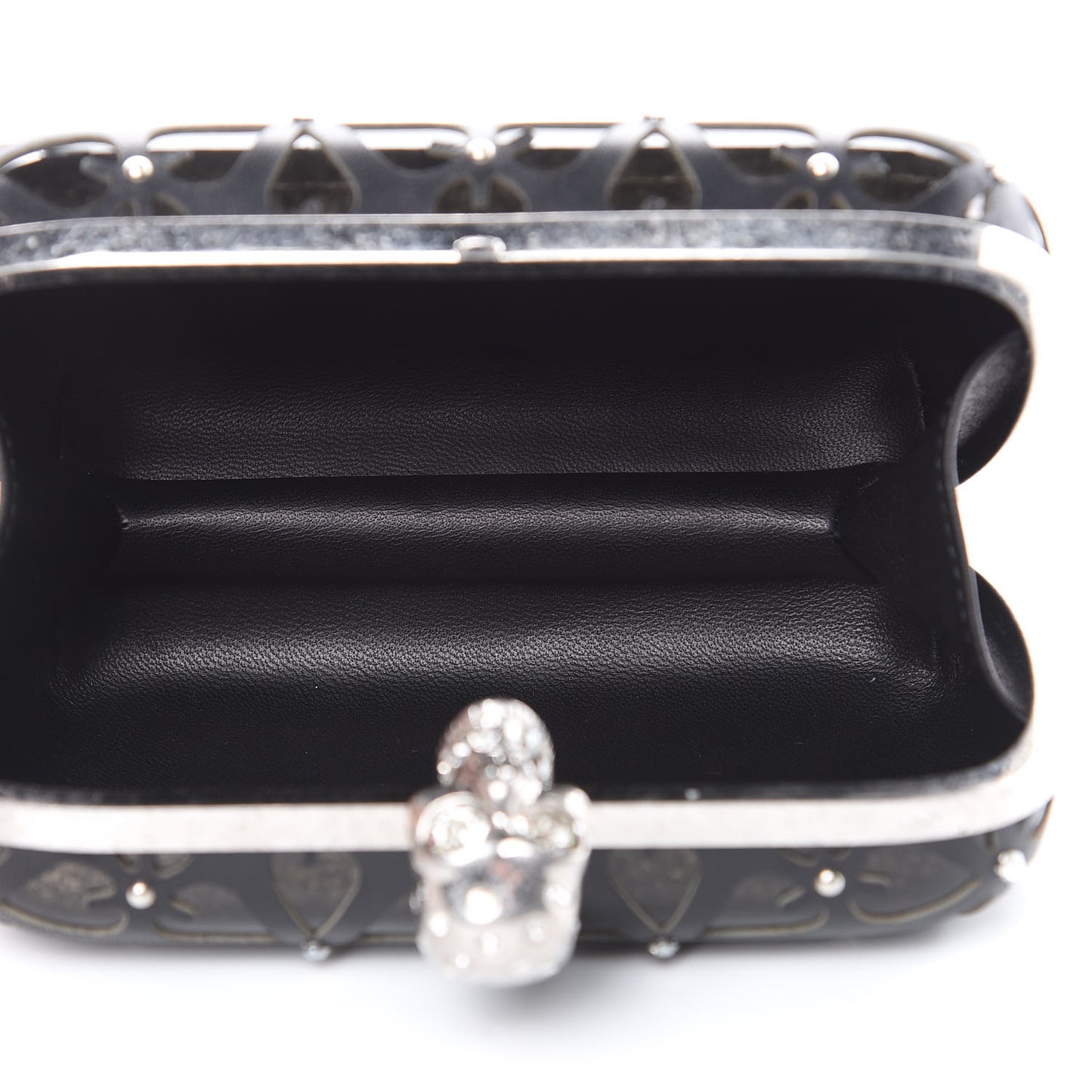 Lambskin Cutout Embellished Skull Box Clutch Black