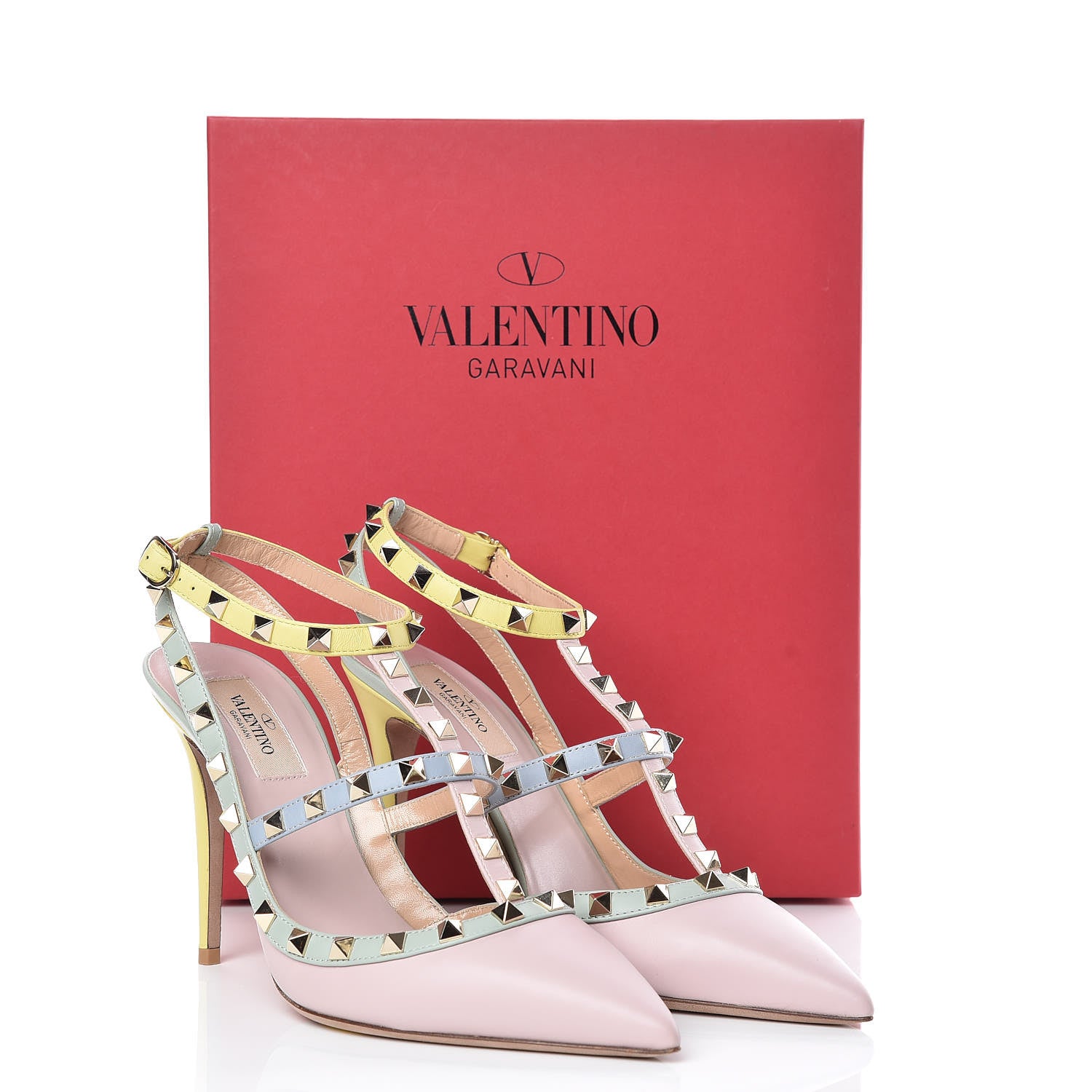 Valentino Garavani Nappa Watercolor Rockstud Ankle Strap 100mm Pumps 39.5 Rose Green Yellow Sky 10 of 10