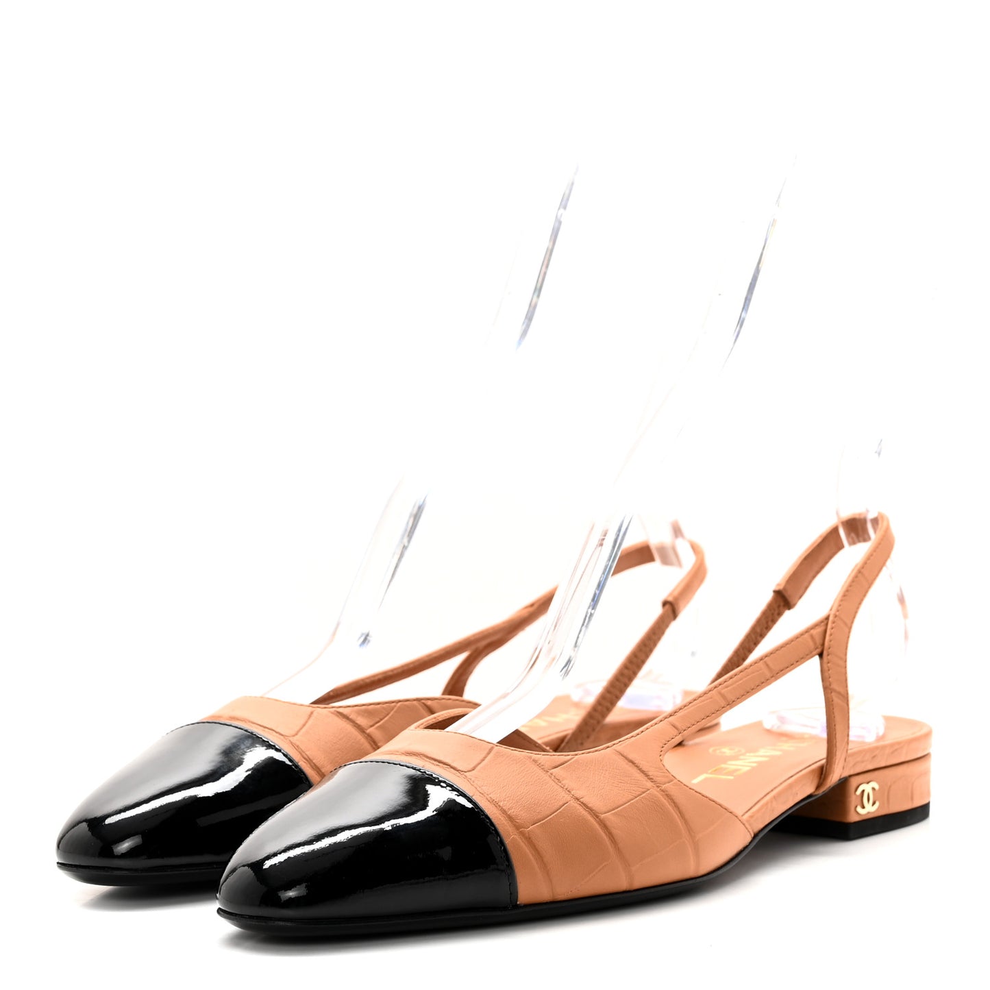 Calfskin Crocodile Embossed Patent Cap Toe CC Slingback Flats 37.5 Brown Black