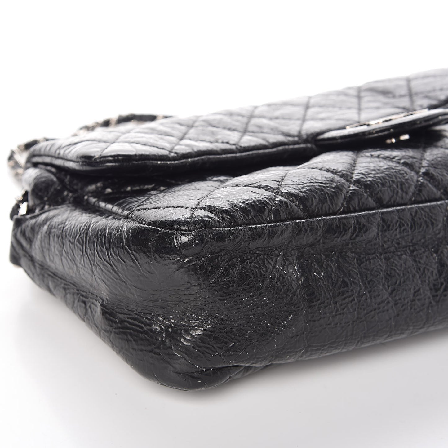 Crackled Calfskin Quilted Large Flap Black