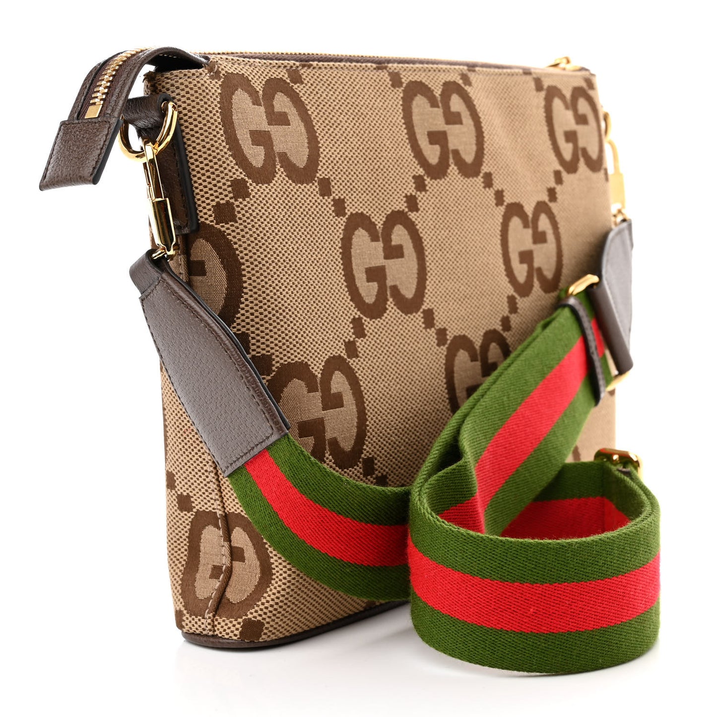 Monogram Jumbo GG Textured Dollar Calfskin Web Wristlet Messenger Bag Camel Ebony New Acero