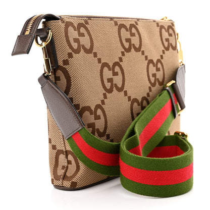 Gucci Monogram Jumbo GG Textured Dollar Calfskin Web Wristlet Messenger Bag Camel Ebony New Acero 3 of 14