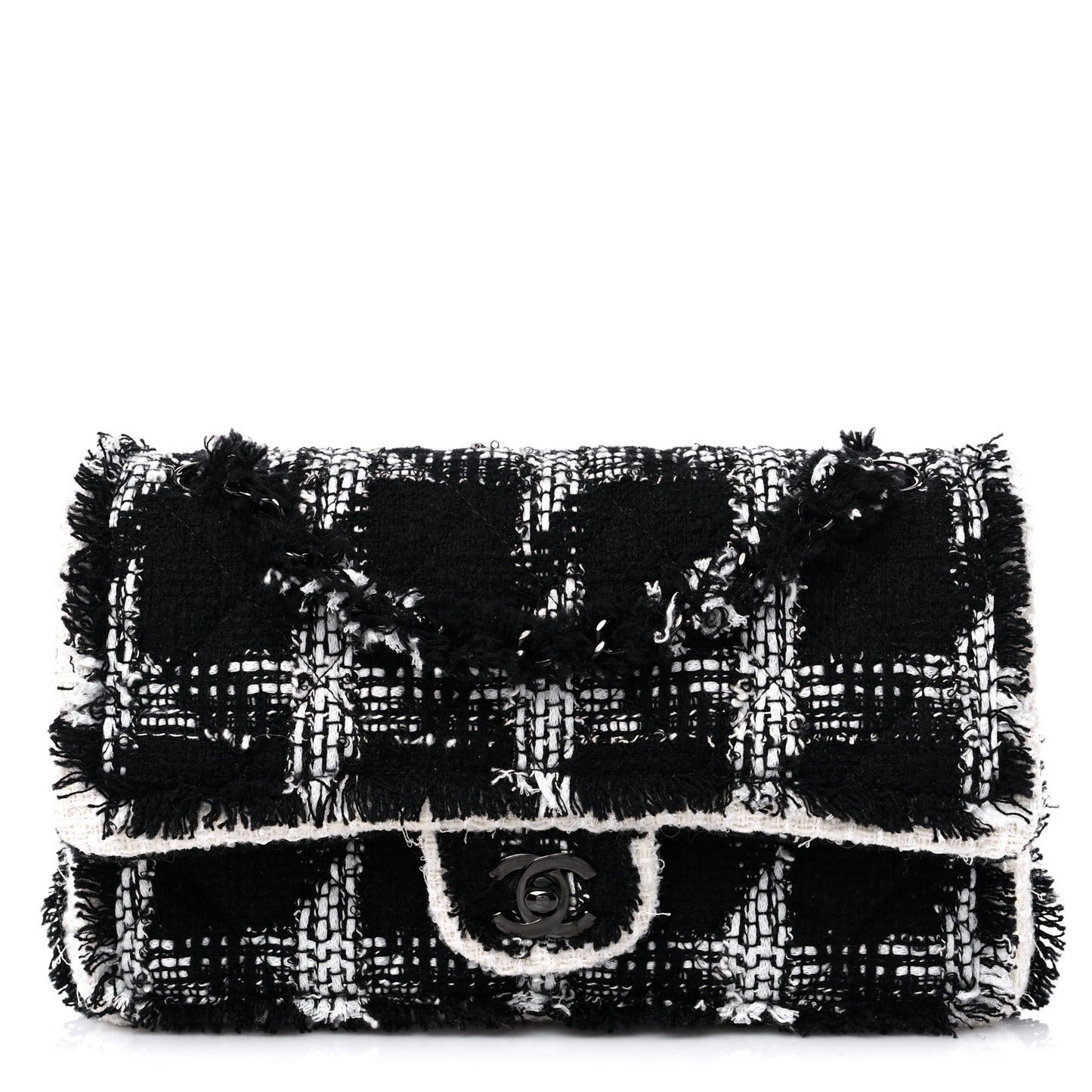 Tweed Quilted Tartan Medium Double Flap Black White