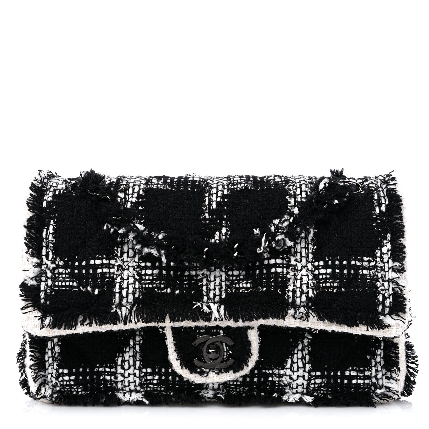 Chanel Tweed Quilted Tartan Medium Double Flap Black White 1 of 8