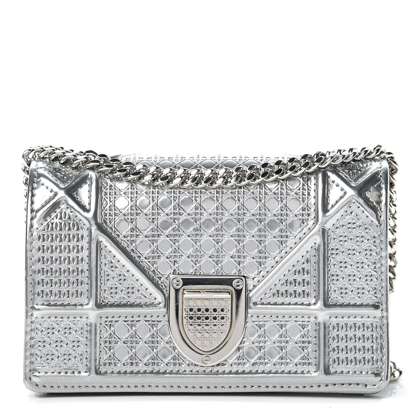 Metallic Patent Micro-Cannage Baby Diorama Flap Bag Silver