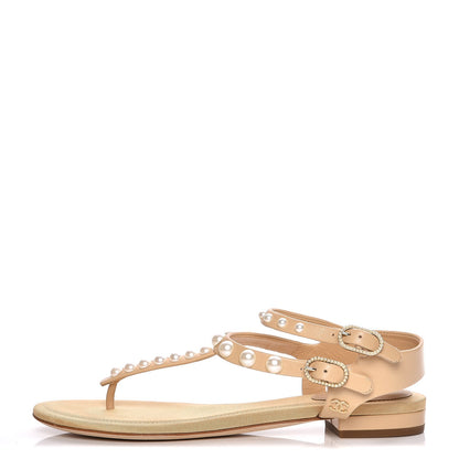 Chanel Lambskin Pearl Thong Sandals 35 Beige 1 of 9