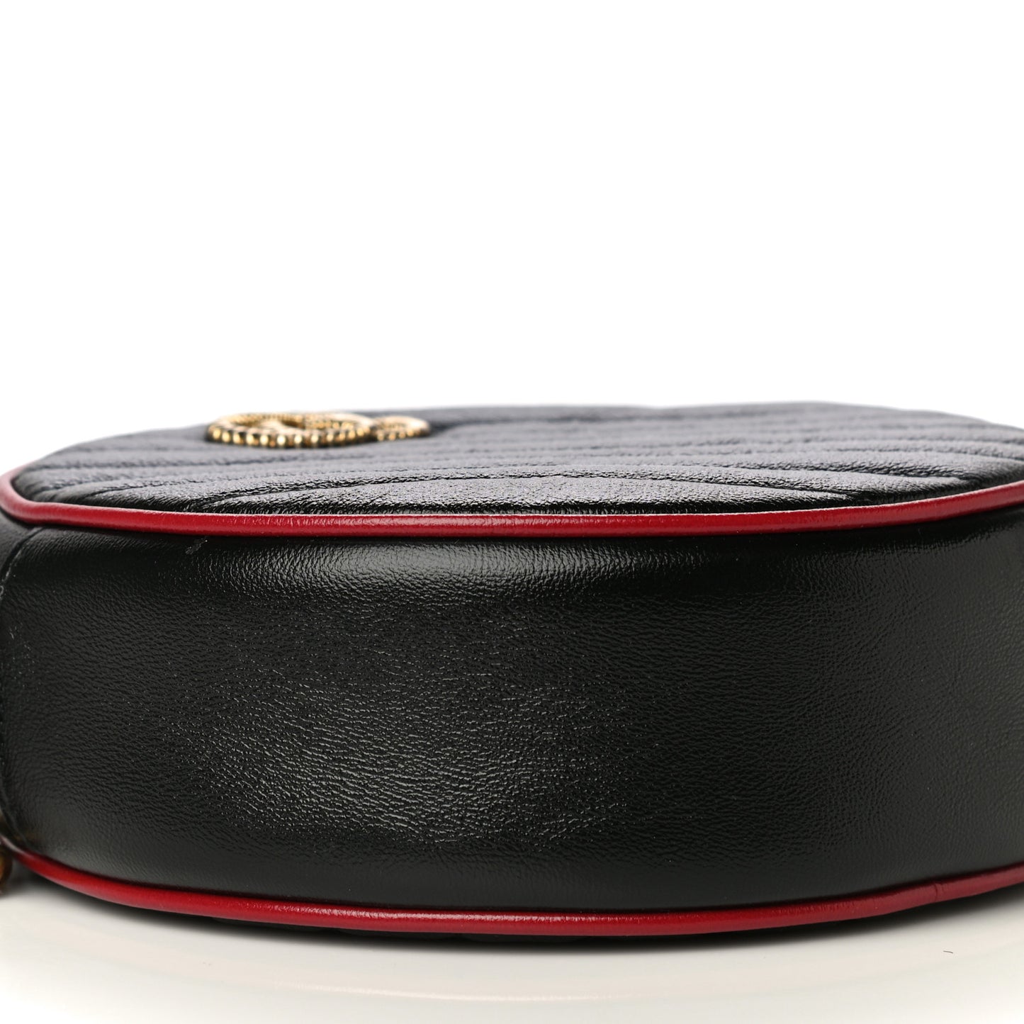 Vintage Effect Calfskin Matelasse Diagonal Mini Torchon GG Marmont Round Shoulder Bag Black Romantic Cherry