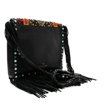 Valentino Garavani Pebbled Calfskin Embroidered Rockstud Rolling Fringe Messenger Black 3 of 10