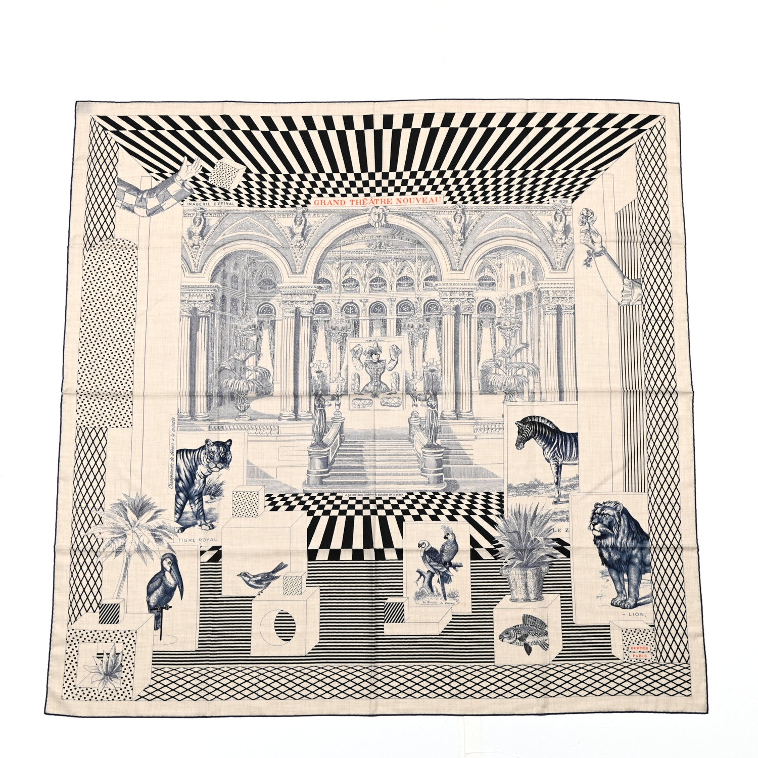 Hermes Cashmere Silk Grand Theatre Nouveau Shawl 140 Naturel Marine Black 1 of 6