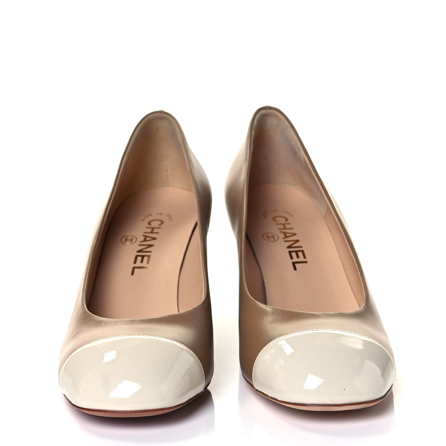 Chanel Lambskin Patent Cap Toe Pumps 37 Beige 2 of 8