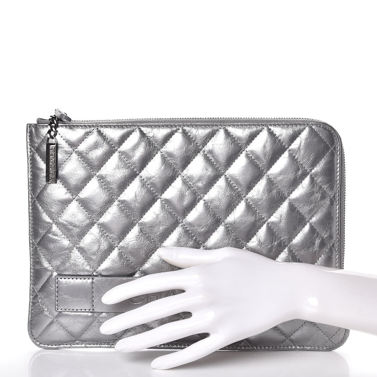Metallic Aged Calfskin Quilted Medium Document Portfolio Holder Silver