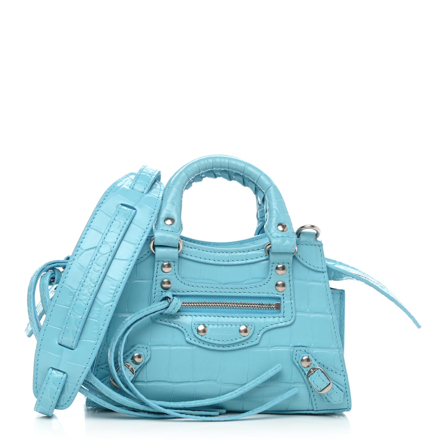 Calfskin Crocodile Embossed Neo Classic Silver Hardware Nano City Crossbody Azur