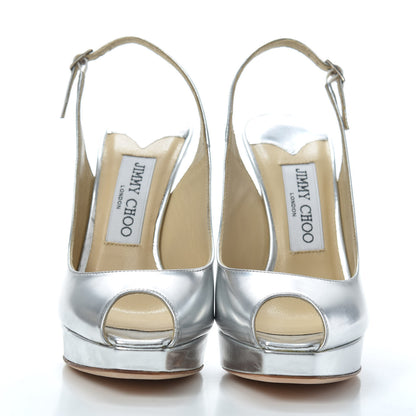 Jimmy Choo Mirror Calfskin Clue Peep Toe Platform Slingback Pumps 35 Silver 2 of 7