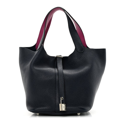 Hermes Taurillon Clemence Swift Eclat Picotin Lock 22 MM Bleu Nuit Rose Pourpre 1 of 10