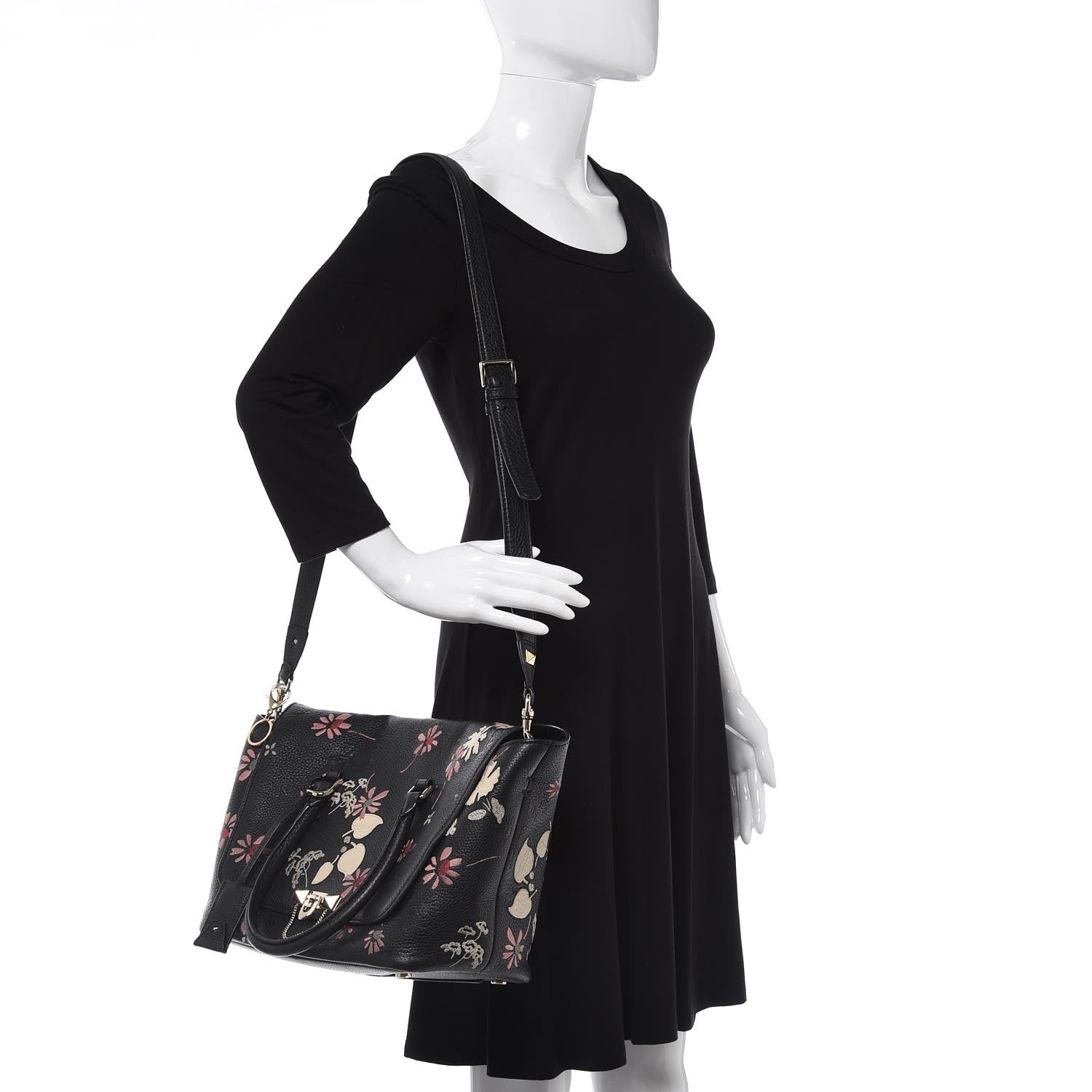 Valentino Garavani Alce Printed Calfskin Flower Embroidered Small Demilune Double Handle Satchel Black 2 of 6