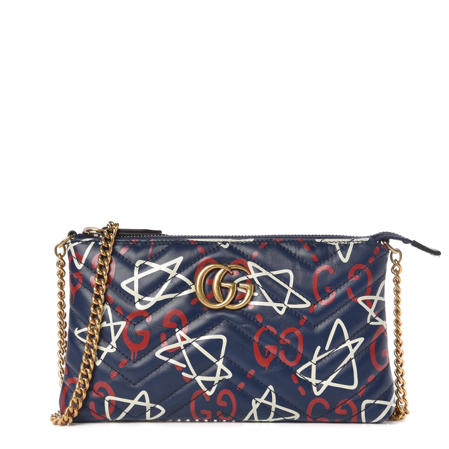 Gucci Calfskin Matelasse GucciGhost Mini GG Marmont Chain Bag Blue Agata Hibiscus Red 1 of 10