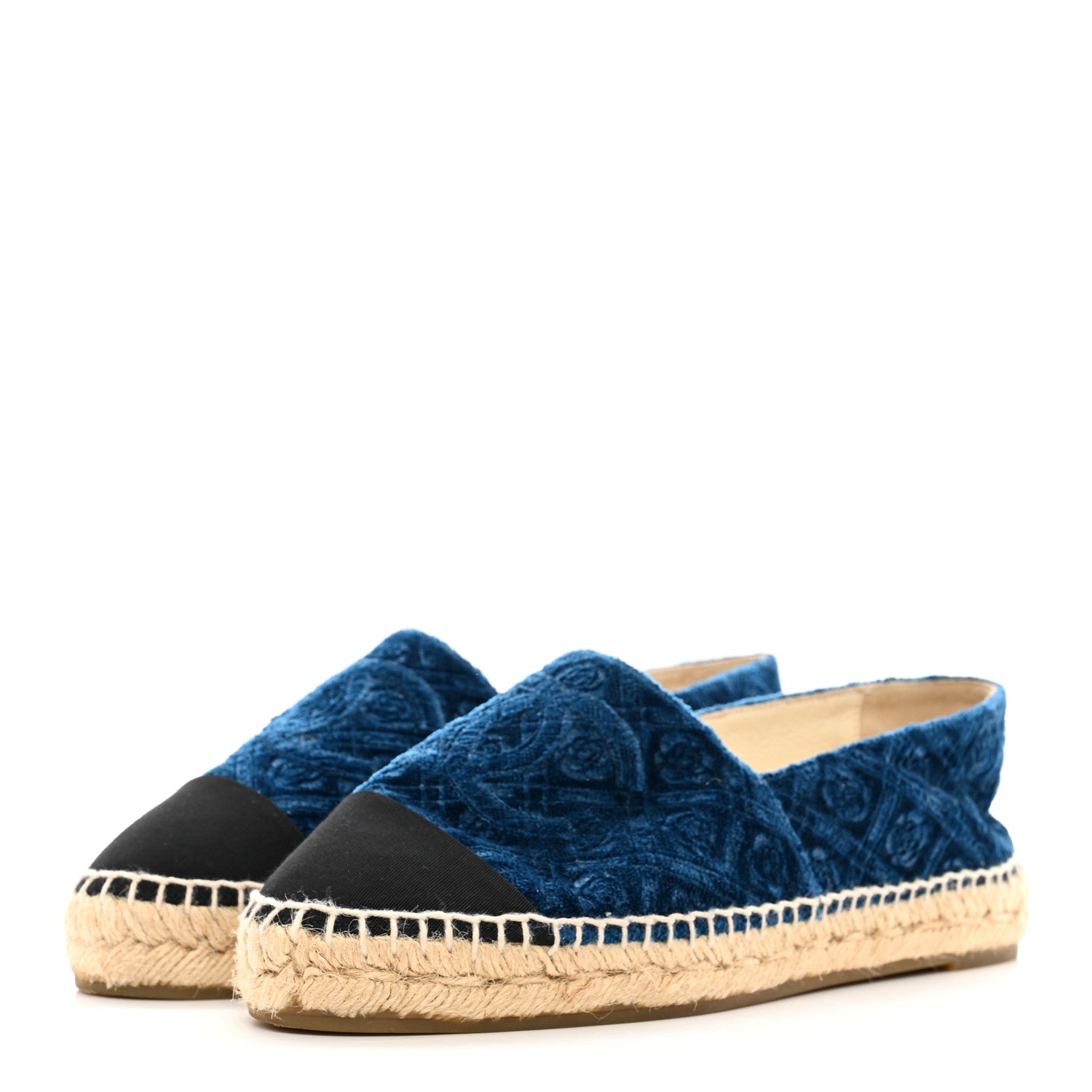 Chanel Velvet Grosgrain Quilted Camellia CC Espadrilles 37 Navy Black 3 of 13