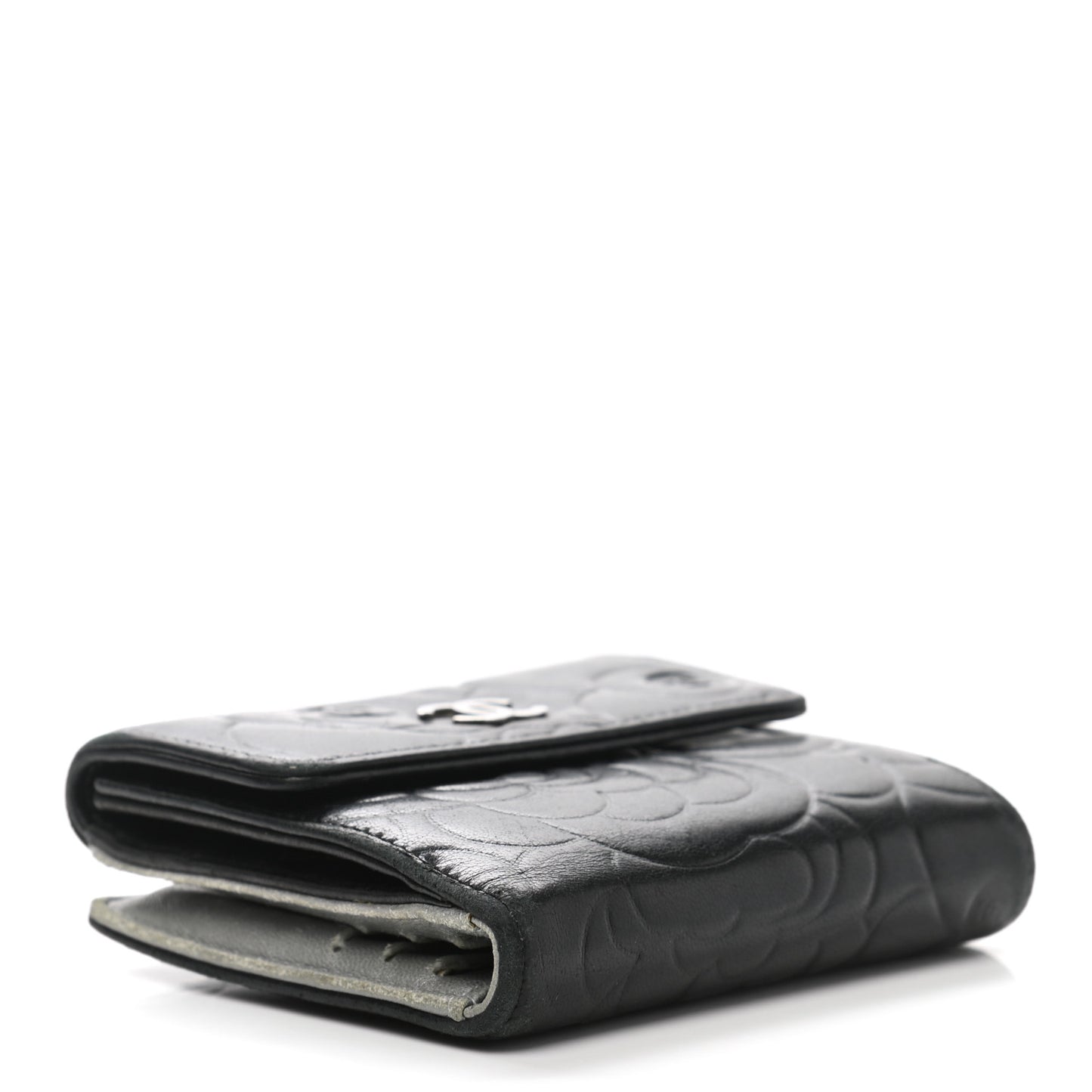 Lambskin Embossed Camellia French Wallet Black
