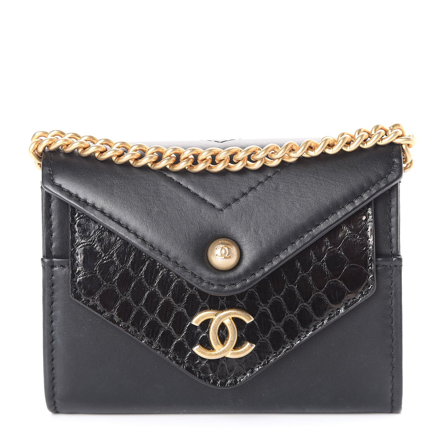Snakeskin Calfskin Embossed Chevron Quilted CC Chain Wallet Black