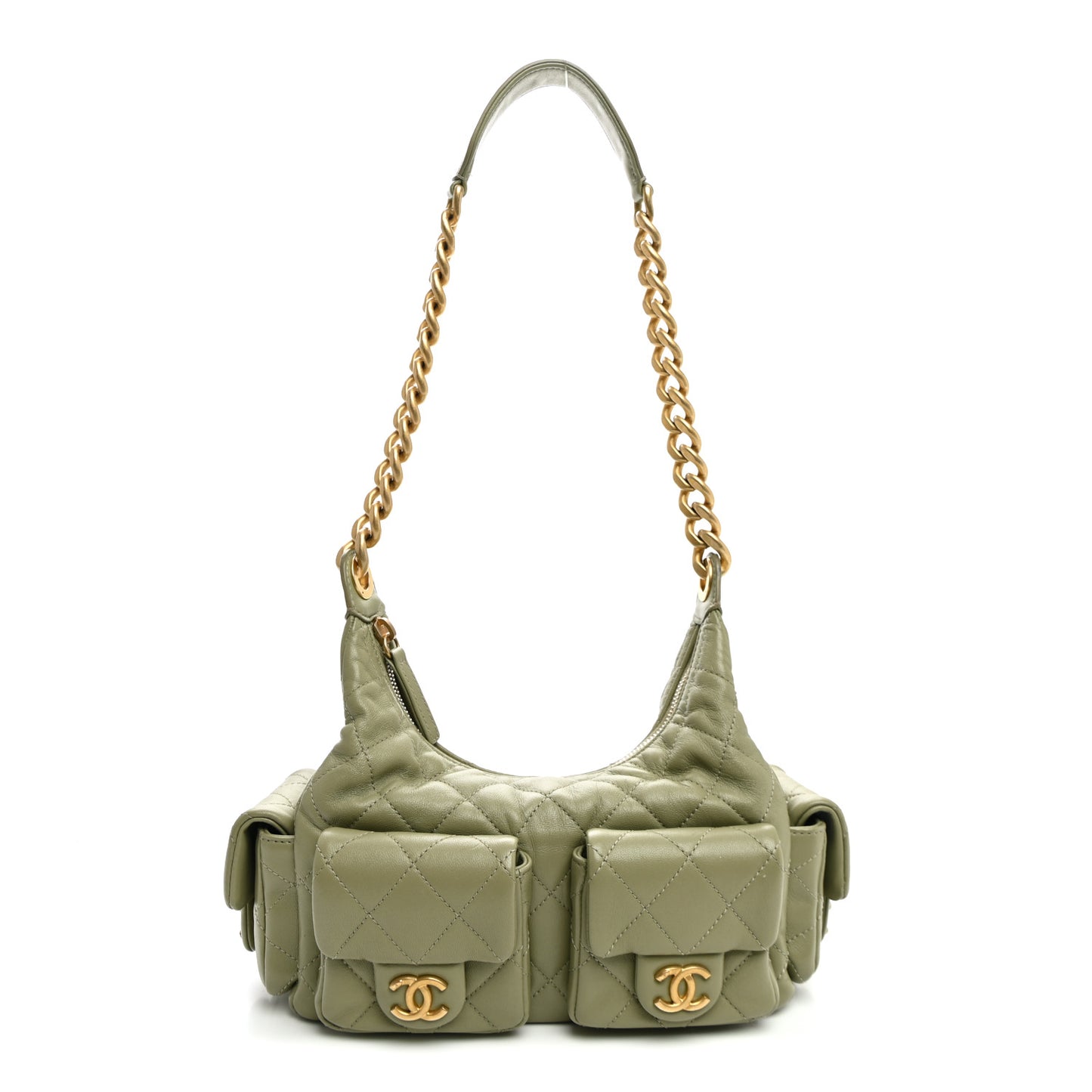 Shiny Lambskin Quilted Trendy Pockets Hobo Green