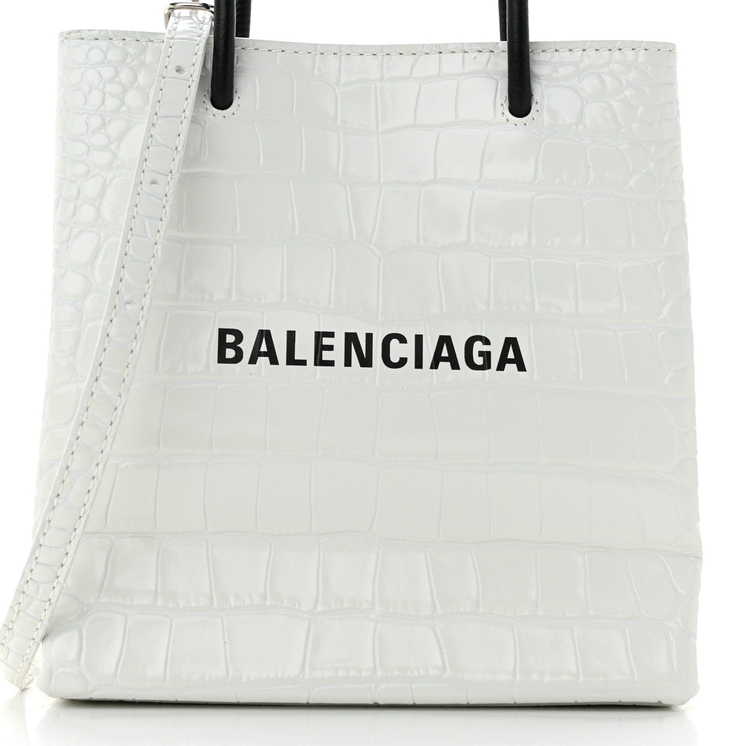 Balenciaga Shiny Calfskin Logo Crocodile Embossed North South Shopper Tote XXS White 8 of 10