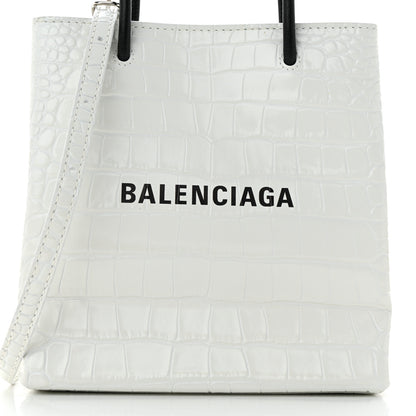 Balenciaga Shiny Calfskin Logo Crocodile Embossed North South Shopper Tote XXS White 8 of 10