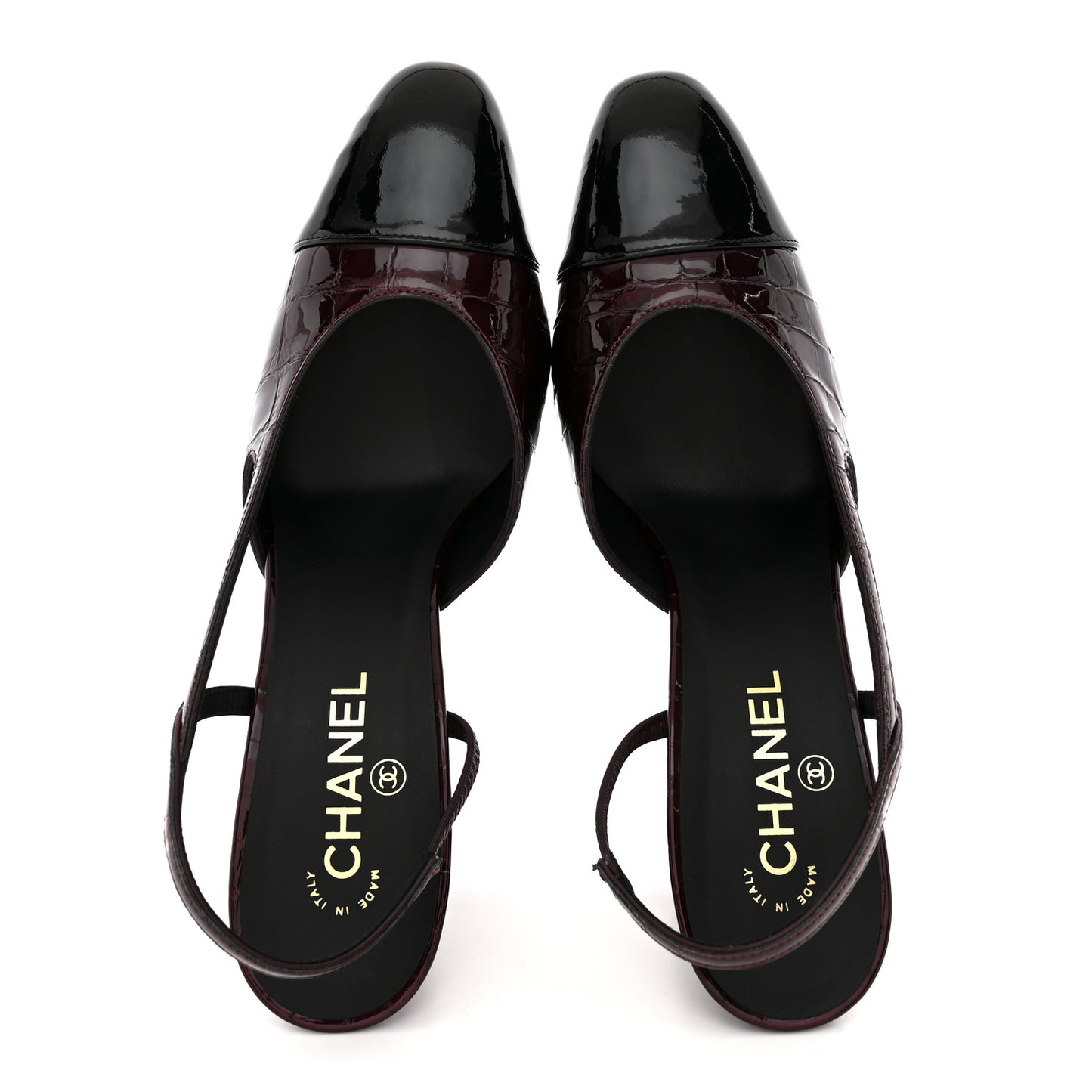 Patent Calfskin Crocodile Embossed Cap Toe CC Slingback Pumps 41 Dark Burgundy Black