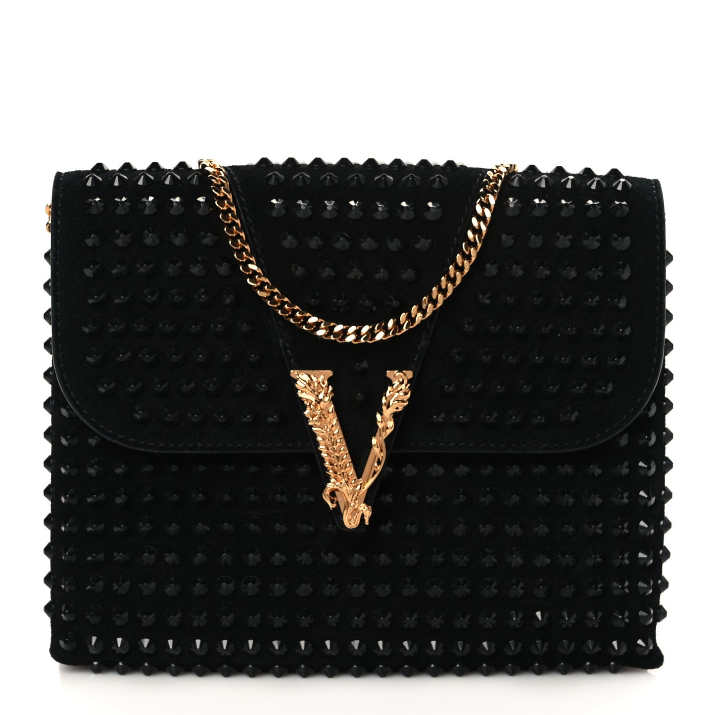 Suede Studded Virtus Chain Clutch Black