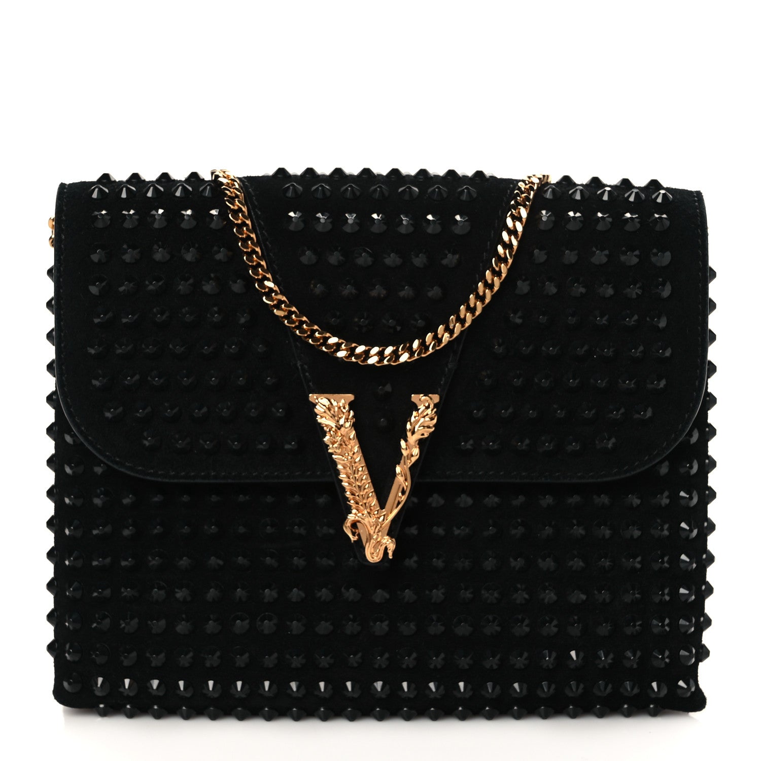 Versace Suede Studded Virtus Chain Clutch Black 1 of 9
