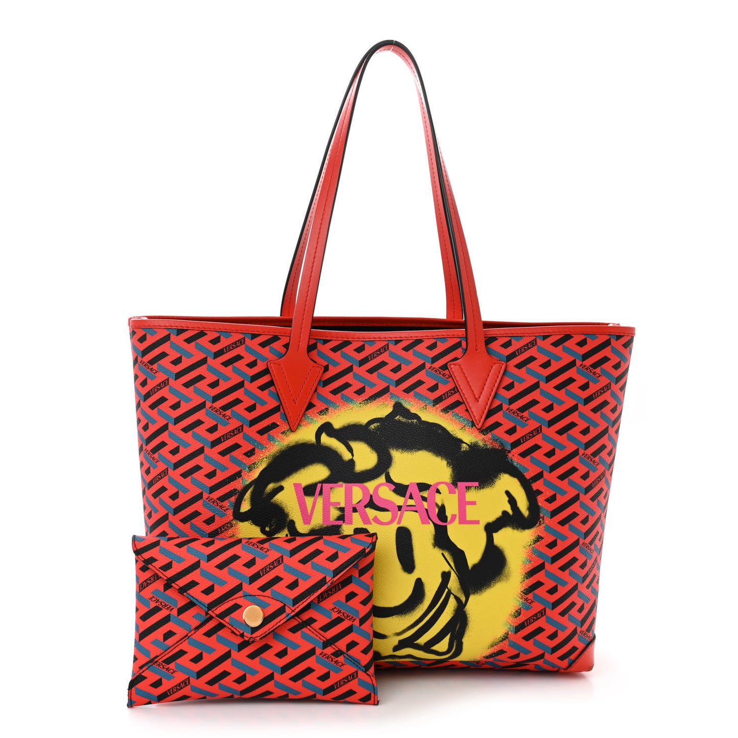 Coated Canvas Calfskin La Greca Signature Shopper Tote Bag Blue Red