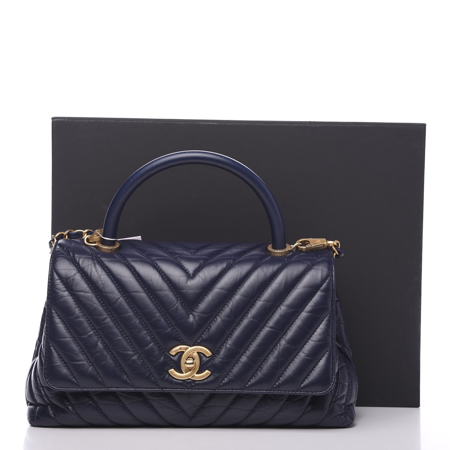 Aged Calfskin Chevron Quilted Small Coco Handle Flap Navy