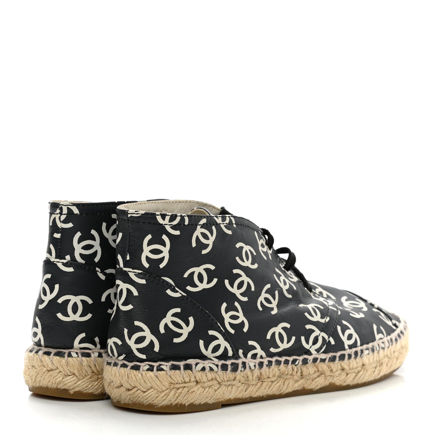 Chanel Lambskin Printed CC Lace Up Espadrilles 36 Black White 4 of 10