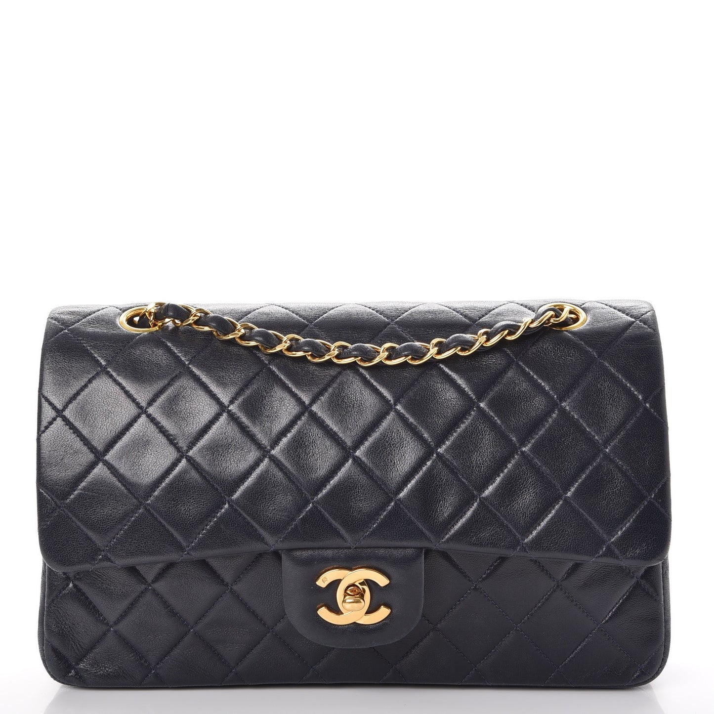 Lambskin Quilted Medium Double Flap Navy
