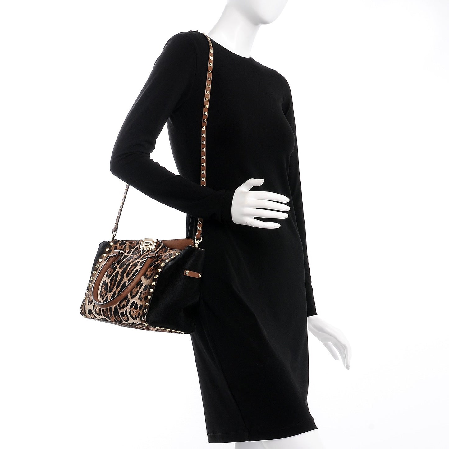 Calf Hair Mini Rockstud Double Handle Tote Leopard