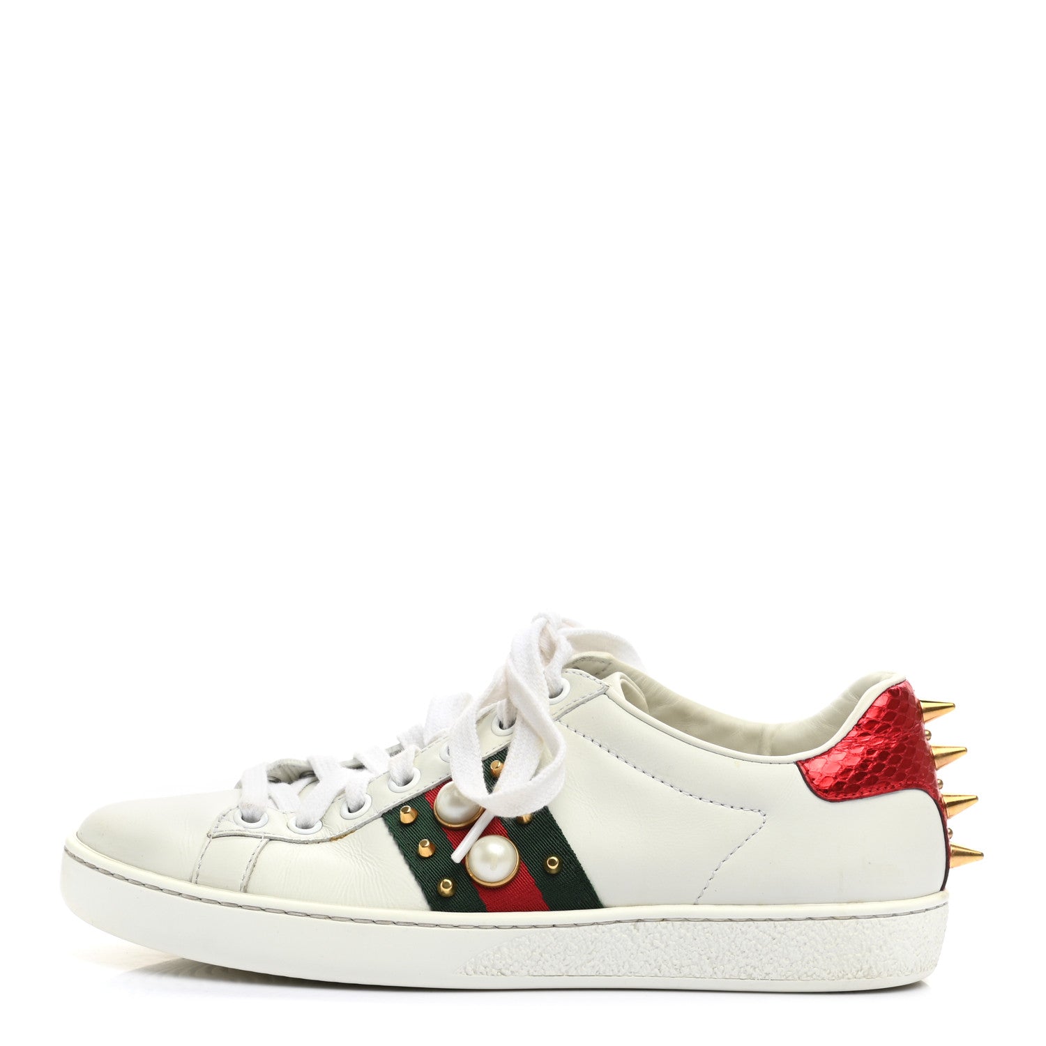 Gucci Calfskin Web Pearl Studded Womens Ace Sneakers 35 White 1 of 13