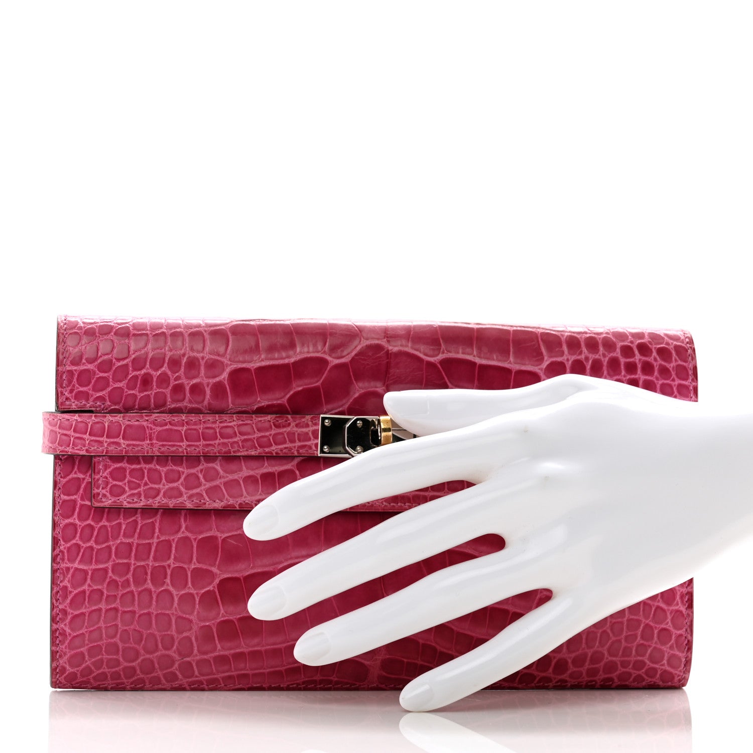 Hermes Shiny Alligator Kelly Longue Wallet Fuchsia 2 of 11