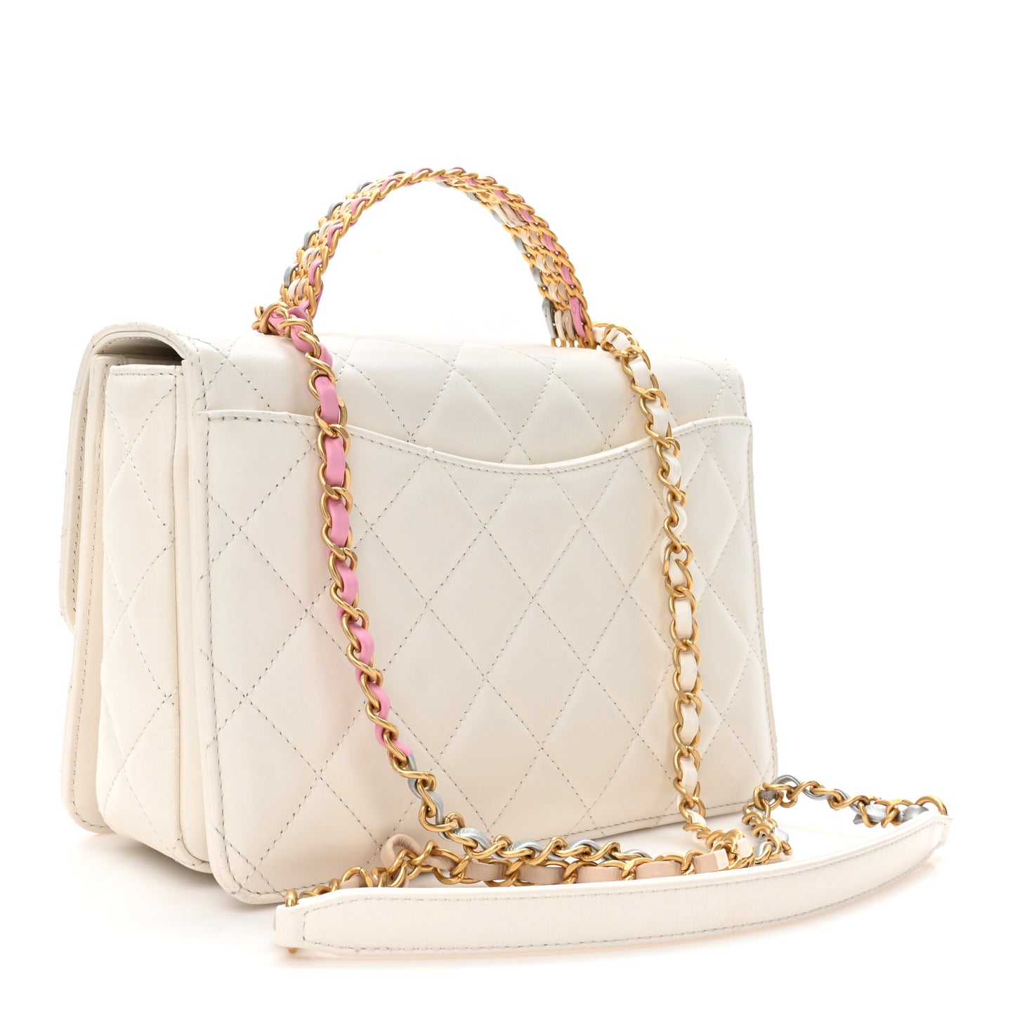 Shiny Calfskin Quilted Multicolor Small Top Handle White
