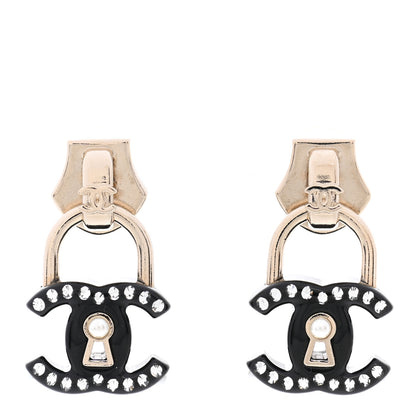 Chanel Resin Crystal Pearl CC Drop Earrings Black 2 of 12