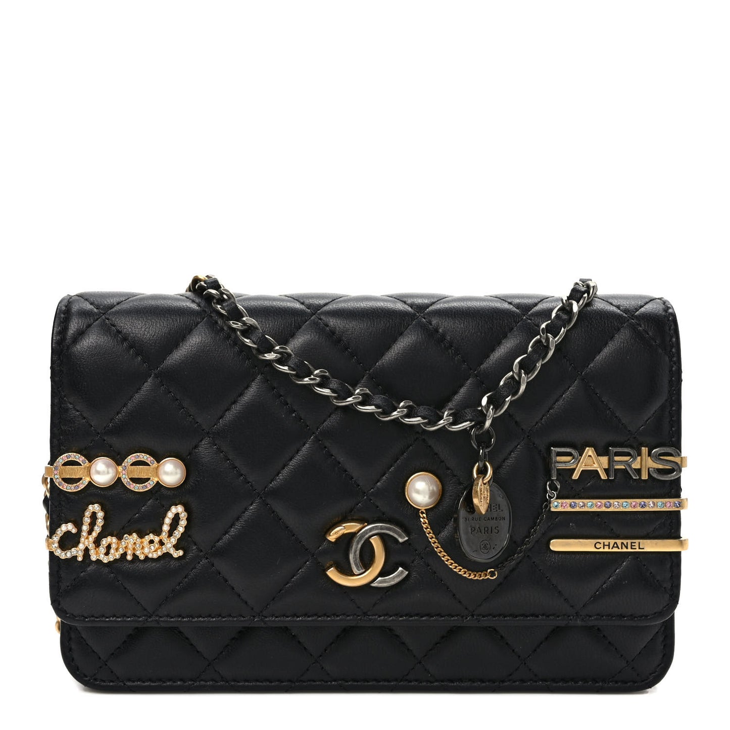 Lambskin Quilted Coco Clips Wallet On Chain WOC Black