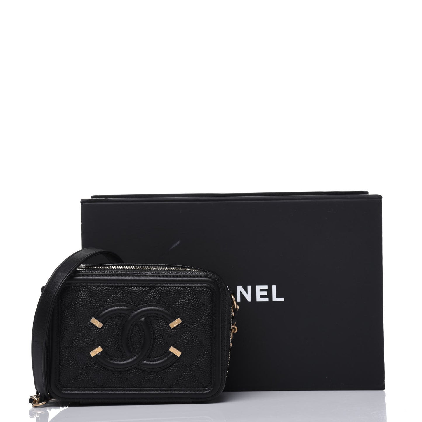 Caviar Quilted CC Filigree Vanity Clutch With Chain Black