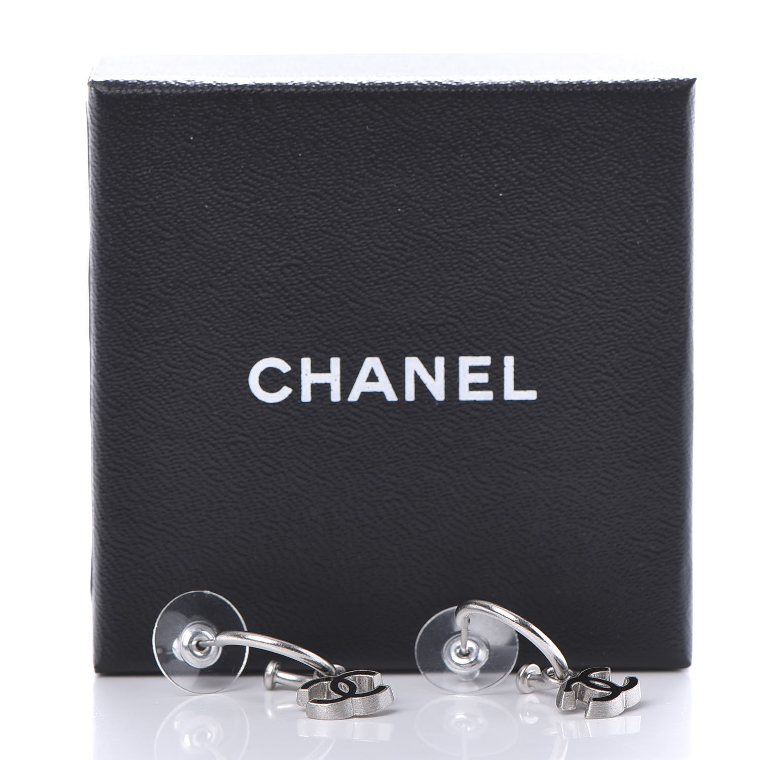 Chanel Enamel CC Hoop Earrings Silver Black 9 of 10