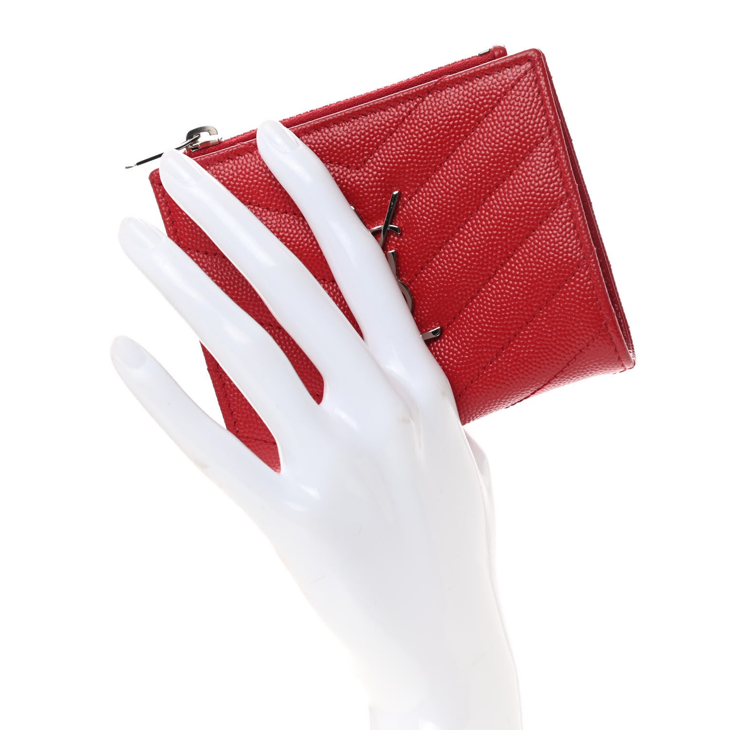 Saint Laurent Grain De Poudre Matelasse Chevron Monogram Zipped Card Case Bandana Red 2 of 8