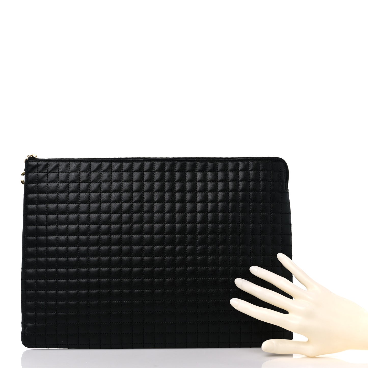 Calfskin Quilted C Charm Pouch Black