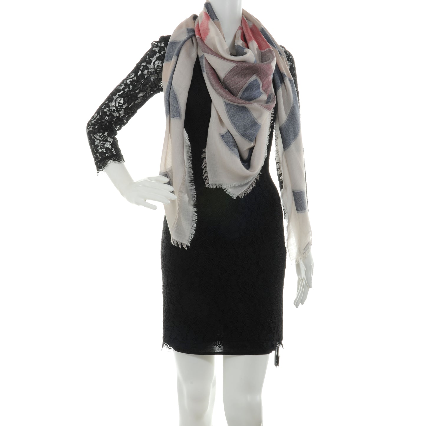 Cashmere Wool Silk CC Fringe Scarf Beige Red Navy