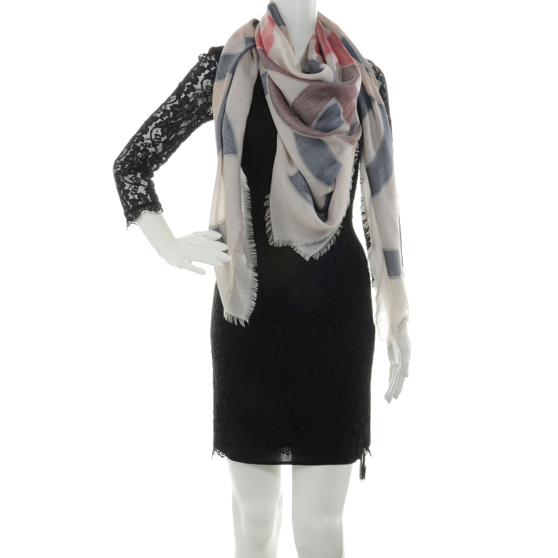 Chanel Cashmere Wool Silk CC Fringe Scarf Beige Red Navy 2 of 5