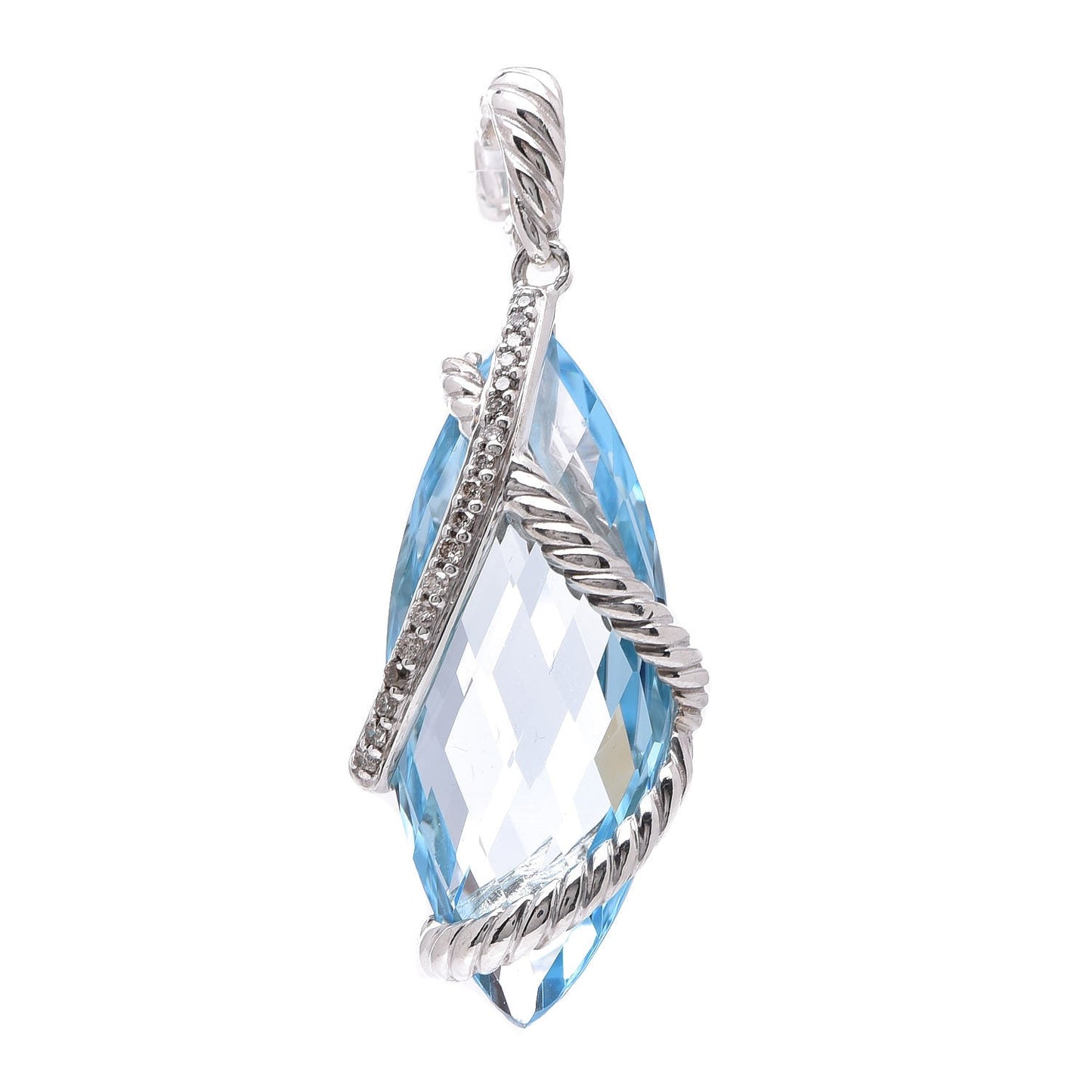 Sterling Silver Diamond Blue Topaz 30mm Cable Wrap Pendant