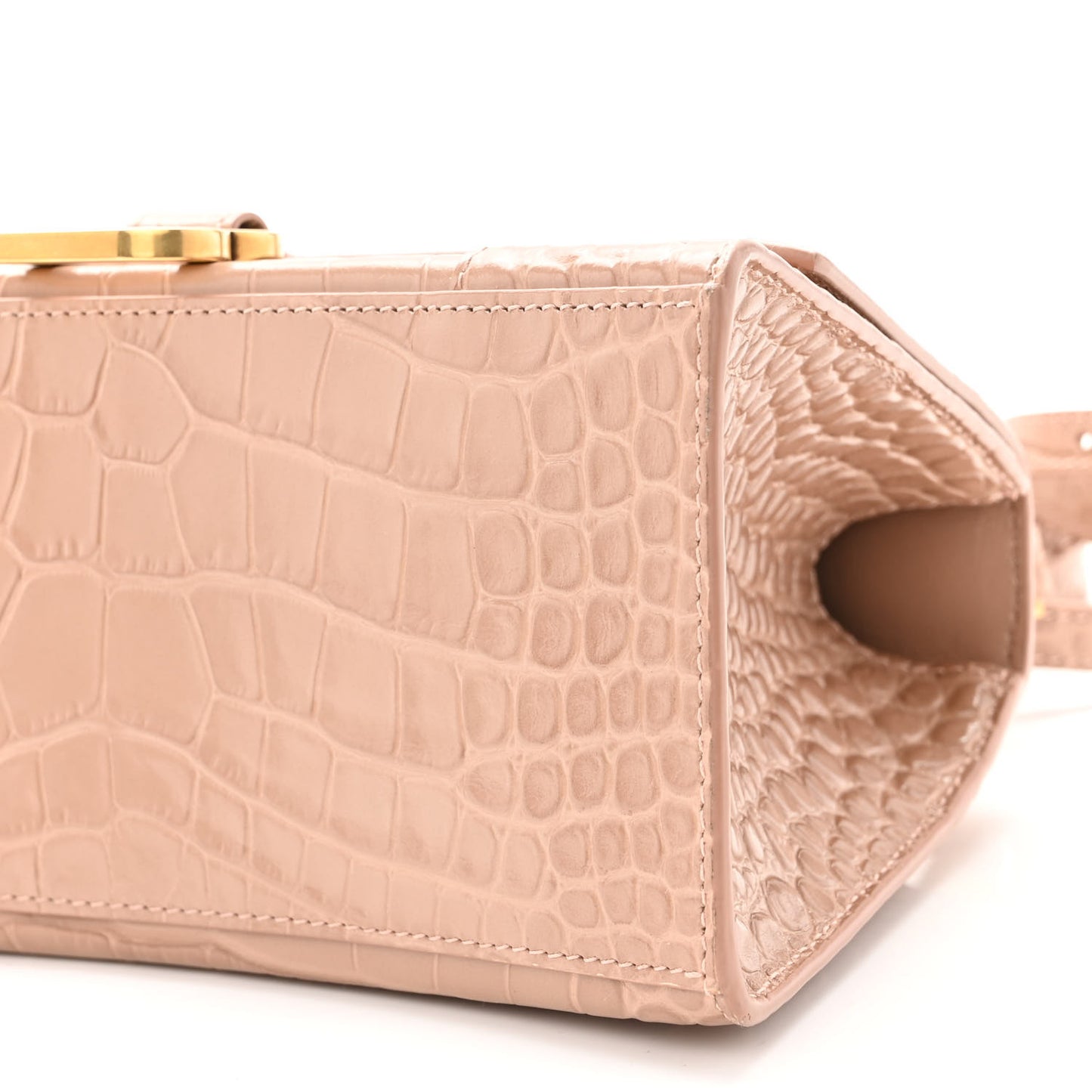 Shiny Calfskin Crocodile Embossed Small Hourglass Top Handle Bag Nude Beige