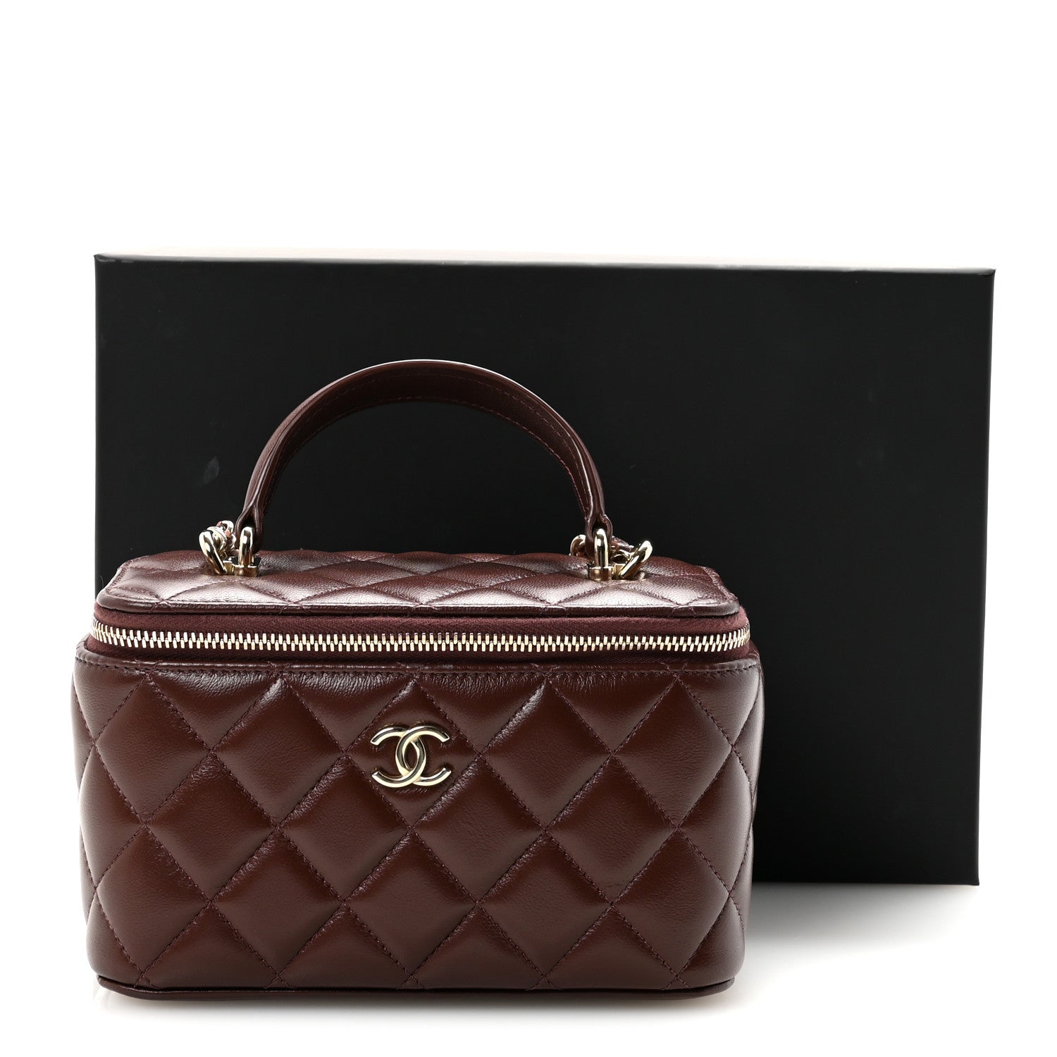 CHANEL ブラウン キルティング ケース Chanel Lambskin Quilted Small Top Handle Vanity Case With Chain