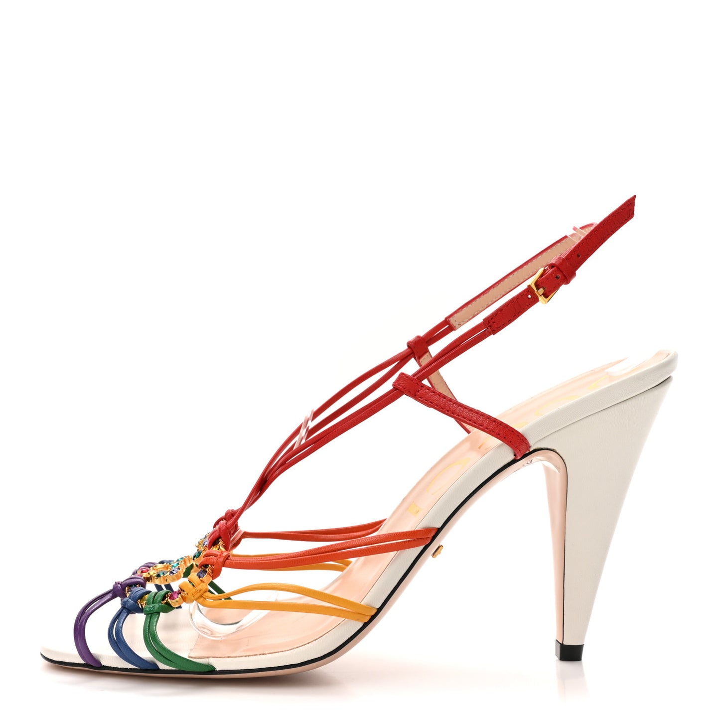 Calfskin Crystal GG Isa Ankle Strap Mid Heel Sandals 40 Multicolor