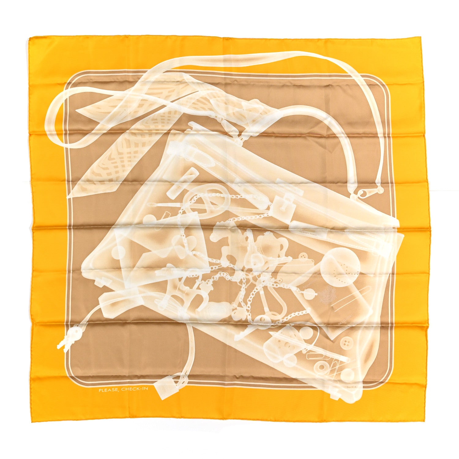 Hermes Silk Please Check In Scarf 90 Jaune D'Or Camel 1 of 5